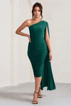 Yara | Bottle Green One Shoulder Cape Ruched Midi Dress -ENY Clothing Shop WB HR BR CL127661 YaraBottleGreenOneShoulderCapeRuchedMidiDress2