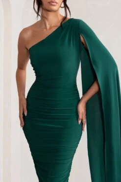 Yara | Bottle Green One Shoulder Cape Ruched Midi Dress -ENY Clothing Shop WB HR BR CL127661 YaraBottleGreenOneShoulderCapeRuchedMidiDress3