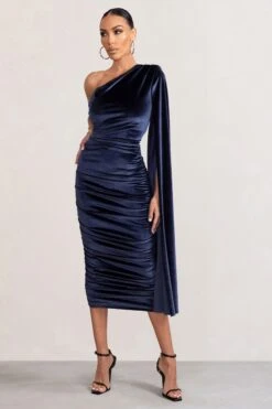 Gloria | Navy Velvet One Shoulder Cape Bodycon Midi Dress -ENY Clothing Shop WB HR BR CL128015 GloriaNavyVelvetOneShoulderCapeBodyconMidiDress0