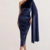 Gloria | Navy Velvet One Shoulder Cape Bodycon Midi Dress -ENY Clothing Shop WB HR BR CL128015 GloriaNavyVelvetOneShoulderCapeBodyconMidiDress1