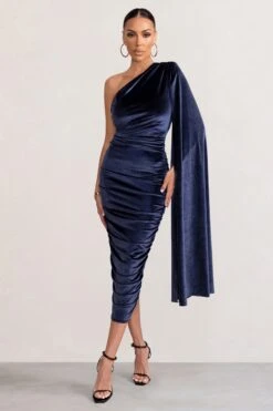 Gloria | Navy Velvet One Shoulder Cape Bodycon Midi Dress