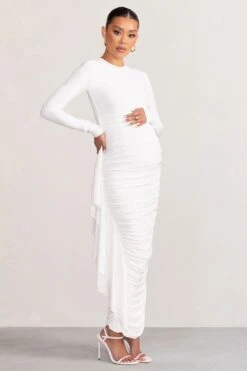 Kiara | White Long Sleeve Ruched Maternity Midi Dress With Frill Detail