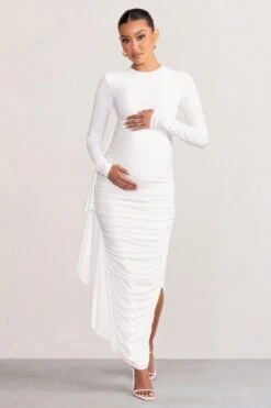 Kiara | White Long Sleeve Ruched Maternity Midi Dress With Frill Detail -ENY Clothing Shop WB HR BR CL129203 KiaraWhiteLongSleeveRuchedMaternityMidiDresswithFrillDetail4