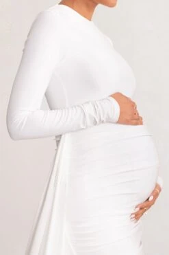 Kiara | White Long Sleeve Ruched Maternity Midi Dress With Frill Detail -ENY Clothing Shop WB HR BR CL129203 KiaraWhiteLongSleeveRuchedMaternityMidiDresswithFrillDetail6