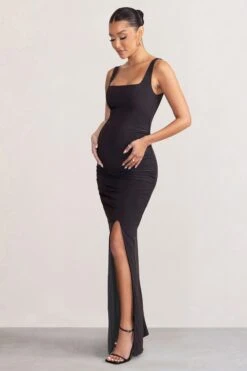 Avril | Black Square Neck Maternity Maxi Dress With Split -ENY Clothing Shop WB HR BR CL129206 AvrilBlackSquareNeckMaternityMaxiDresswithSplit2