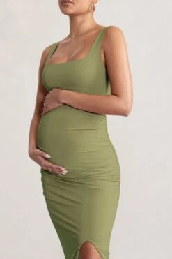 Avril | Olive Square Neck Maternity Maxi Dress With Split -ENY Clothing Shop WB HR BR CL129206 AvrilOliveSquareNeckMaternityMaxiDresswithSplit6