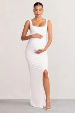 Avril | White Square Neck Maternity Maxi Dress With Split -ENY Clothing Shop WB HR BR CL129206 AvrilWhiteSquareNeckMaternityMaxiDresswithSplit2