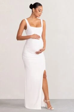 Avril | White Square Neck Maternity Maxi Dress With Split -ENY Clothing Shop WB HR BR CL129206 AvrilWhiteSquareNeckMaternityMaxiDresswithSplit4