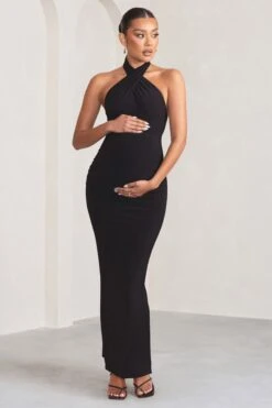 Orianne | Black Cross Halter Neck Maternity Maxi Dress