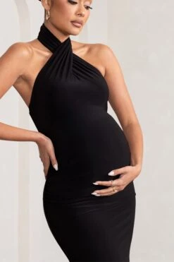 Orianne | Black Cross Halter Neck Maternity Maxi Dress -ENY Clothing Shop WB HR BR CL129210 OrianneBlackCrossHalterNeckMaternityMaxiDress5