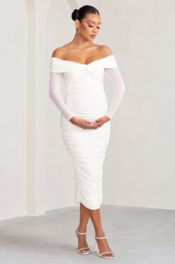 Neva | White Bardot Twist Maternity Midi Dress