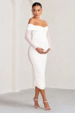 Neva | White Bardot Twist Maternity Midi Dress 11 Neva | White Bardot Twist Maternity Midi Dress -ENY Clothing Shop WB HR BR CL129223 NevaWhiteBardotTwistMaternityMidiDress1