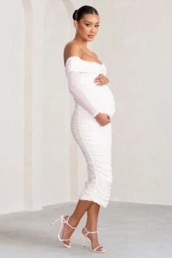 Neva | White Bardot Twist Maternity Midi Dress 9 Neva | White Bardot Twist Maternity Midi Dress -ENY Clothing Shop WB HR BR CL129223 NevaWhiteBardotTwistMaternityMidiDress3