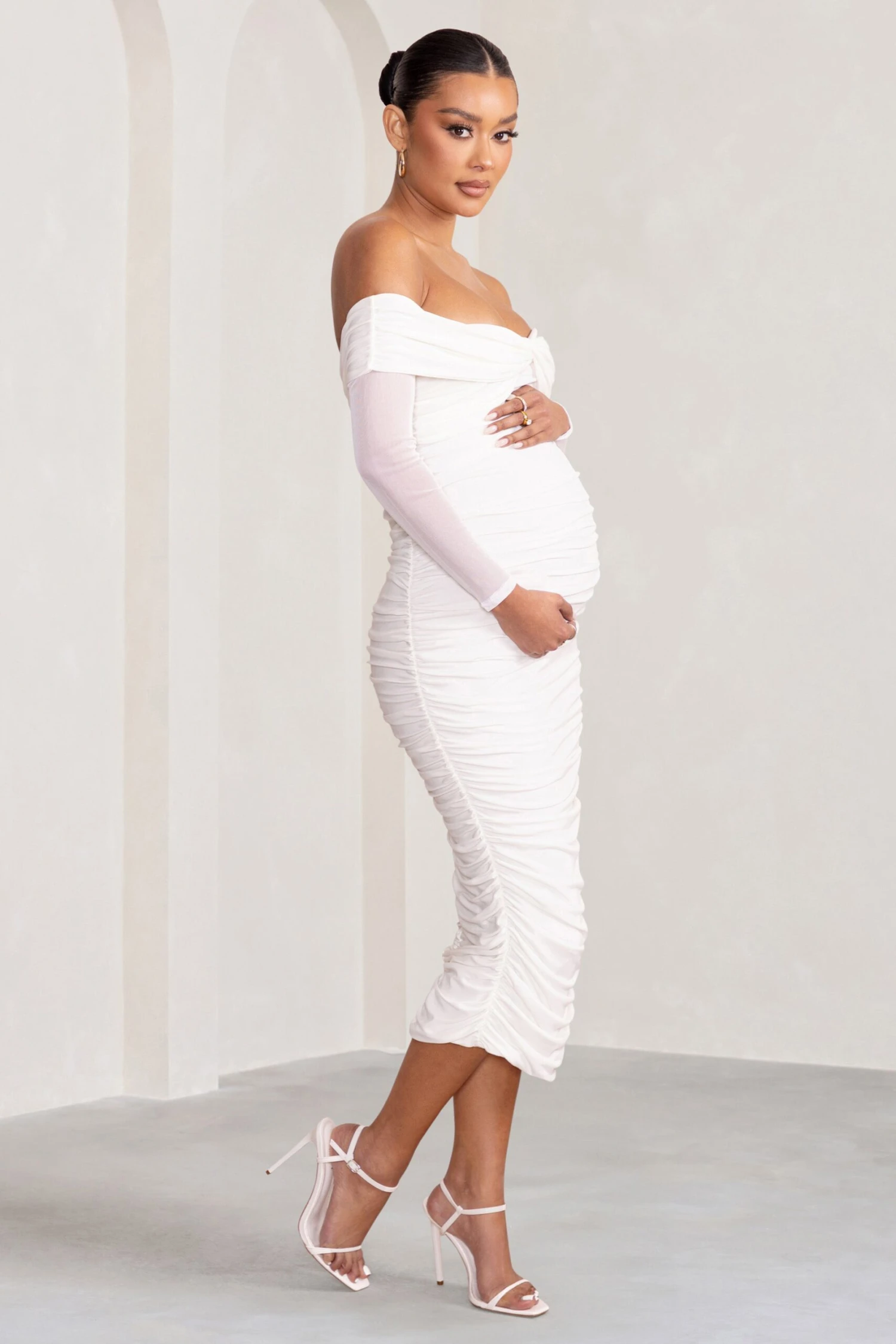 Neva | White Bardot Twist Maternity Midi Dress 5 Neva | White Bardot Twist Maternity Midi Dress - Image 3