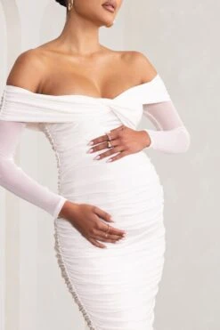 Neva | White Bardot Twist Maternity Midi Dress 10 Neva | White Bardot Twist Maternity Midi Dress -ENY Clothing Shop WB HR BR CL129223 NevaWhiteBardotTwistMaternityMidiDress6