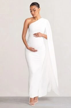 Amaryllis | White Maternity One Shoulder Maxi Dress With Cape Sleeve -ENY Clothing Shop WB HR CC BR CL129202 AmaryllisWhiteMaternityOneShoulderMaxiDresswithCapeSleeve3