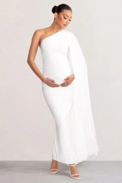 Amaryllis | White Maternity One Shoulder Maxi Dress With Cape Sleeve