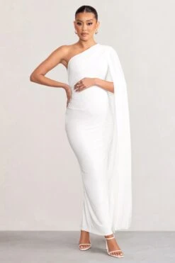 Amaryllis | White Maternity One Shoulder Maxi Dress With Cape Sleeve -ENY Clothing Shop WB HR CC BR CL129202 AmaryllisWhiteMaternityOneShoulderMaxiDresswithCapeSleeve5