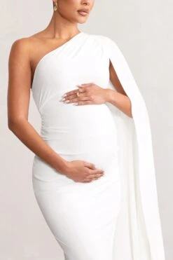 Amaryllis | White Maternity One Shoulder Maxi Dress With Cape Sleeve -ENY Clothing Shop WB HR CC BR CL129202 AmaryllisWhiteMaternityOneShoulderMaxiDresswithCapeSleeve6