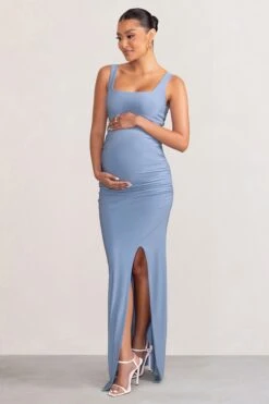 Avril | Powder Blue Square Neck Maternity Maxi Dress With Split