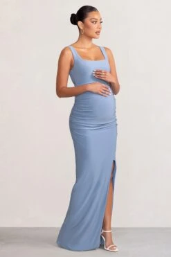 Avril | Powder Blue Square Neck Maternity Maxi Dress With Split -ENY Clothing Shop WB HR CC BR CL129206 AvrilPowderBlueSquareNeckMaternityMaxiDresswithSplit4
