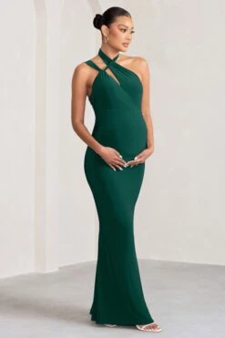 Alba | Bottle Green Maternity Halter Asymmetric Maxi Dress With Cut Out