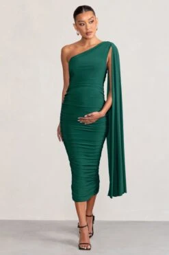 Yara | Bottle Green One Sleeve Ruched Maternity Midi Dress With Cape Sleeve -ENY Clothing Shop WB HR CC BR CL129218 YaraBottleGreenOneSleeveRuchedMaternityMidiDresswithCapeSleeve3