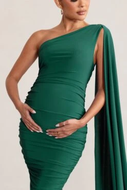 Yara | Bottle Green One Sleeve Ruched Maternity Midi Dress With Cape Sleeve -ENY Clothing Shop WB HR CC BR CL129218 YaraBottleGreenOneSleeveRuchedMaternityMidiDresswithCapeSleeve4