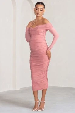 Neva | Blush Bardot Twist Maternity Midi Dress
