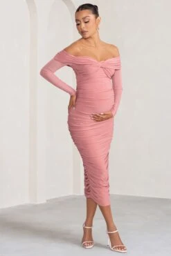 Neva | Blush Bardot Twist Maternity Midi Dress -ENY Clothing Shop WB HR CC BR CL129223 NevaBlushBardotTwistMaternityMidiDress2