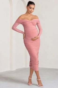 Neva | Blush Bardot Twist Maternity Midi Dress -ENY Clothing Shop WB HR CC BR CL129223 NevaBlushBardotTwistMaternityMidiDress3
