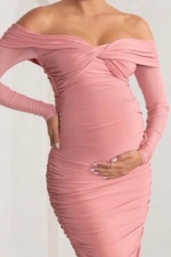 Neva | Blush Bardot Twist Maternity Midi Dress -ENY Clothing Shop WB HR CC BR CL129223 NevaBlushBardotTwistMaternityMidiDress4