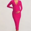 Renee | Hot Pink Twist Front Plunge Maternity Midi Dress With Long Sleeves -ENY Clothing Shop WB HR CC BR CL129225 ReneeHotPinkTwistFrontPlungeMaternityMidiDresswithLongSleeves1