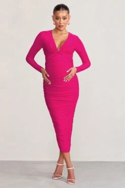 Renee | Hot Pink Twist Front Plunge Maternity Midi Dress With Long Sleeves -ENY Clothing Shop WB HR CC BR CL129225 ReneeHotPinkTwistFrontPlungeMaternityMidiDresswithLongSleeves2