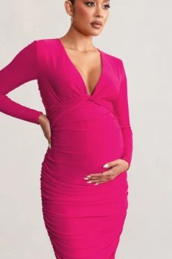Renee | Hot Pink Twist Front Plunge Maternity Midi Dress With Long Sleeves -ENY Clothing Shop WB HR CC BR CL129225 ReneeHotPinkTwistFrontPlungeMaternityMidiDresswithLongSleeves4