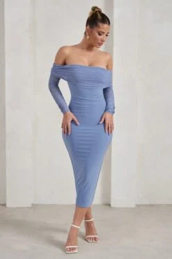 Only You | Ice Blue Ruched Mesh Bardot Midi Dress -ENY Clothing Shop WB HR CL124595 OnlyYouIceBlueRuchedMeshBardotMidiDress1