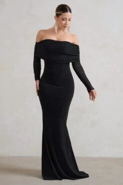 Madeleine | Black Fishtail Maxi Dress With Bardot Mesh Long Sleeves -ENY Clothing Shop WB HR CL124634 MadeleineBlackFishtailMaxiDressWithBardotMeshLongSleeves1 1 7291aa3c 2a3a 4c8c 9e8b 15a734b5e2c3