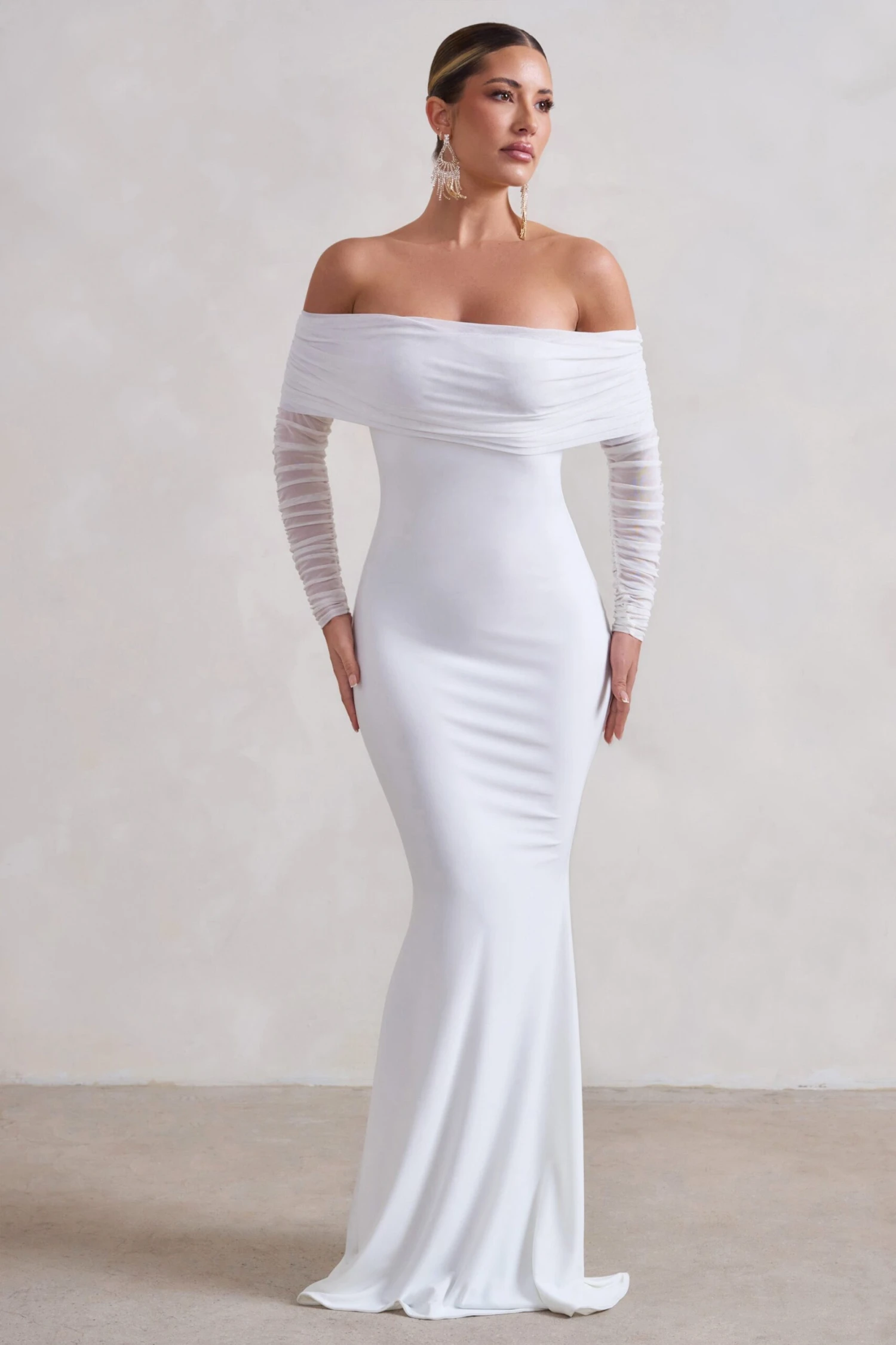 Madeleine | White Fishtail Maxi Dress With Bardot Mesh Long Sleeves 3 Madeleine | White Fishtail Maxi Dress With Bardot Mesh Long Sleeves