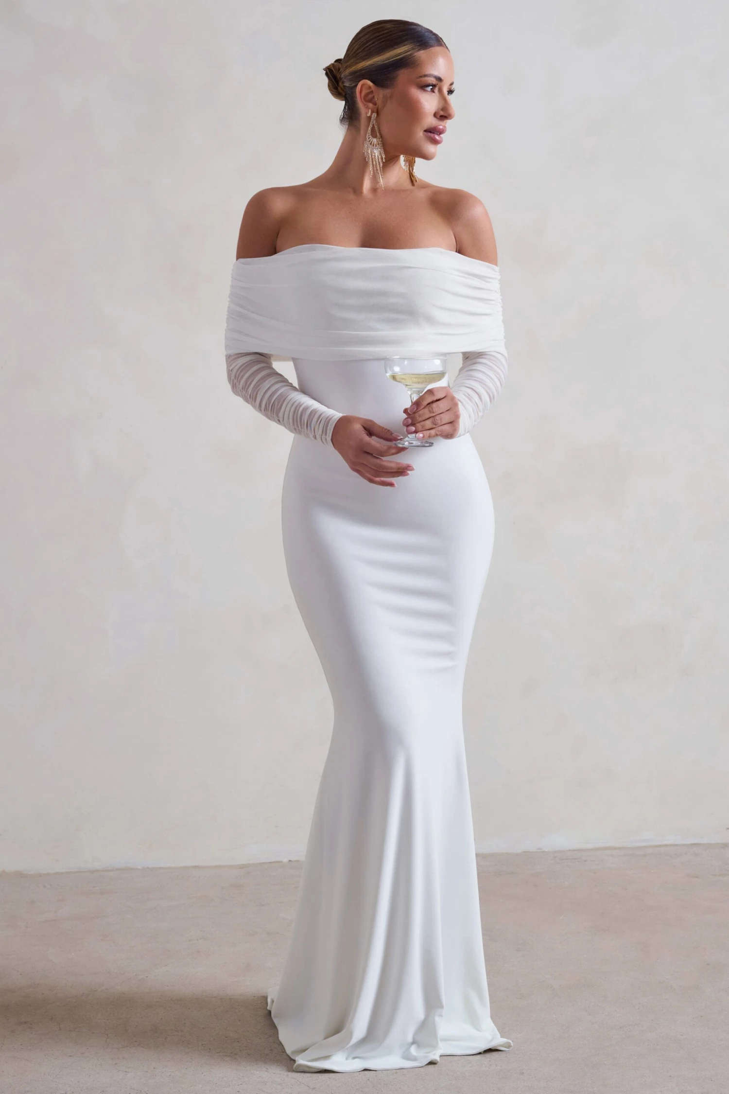 Madeleine | White Fishtail Maxi Dress With Bardot Mesh Long Sleeves 6 Madeleine | White Fishtail Maxi Dress With Bardot Mesh Long Sleeves - Image 4