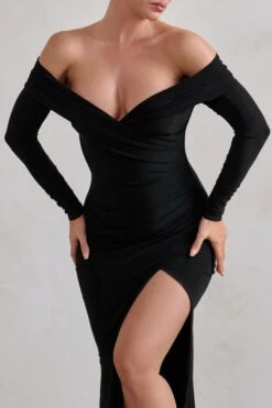 One Moment | Black Bardot Wrap Ruched Split Maxi Dress -ENY Clothing Shop WB HR CL124668 BlackBardotWrapRuchedSplitMaxiDress4