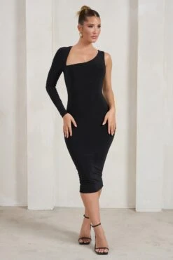 Refine | Black One Shoulder Midi Dress -ENY Clothing Shop WB HR CL125511 RefineBlackOneShoulderMidiDress0 1