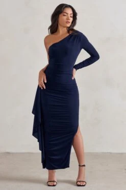 Never Let Go | Navy One Shoulder Ruched Side Detail Maxi Dress -ENY Clothing Shop WB HR CL125517 NeverLetGoNavyOneShoulderRuchedSideDetailMaxiDress4