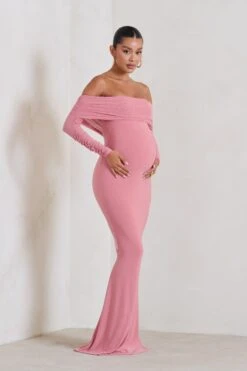 Pretty Perfect | Blush Pink Maternity Ruched Mesh Bardot Maxi Dress -ENY Clothing Shop WB HR CL126177 PrettyPerfectBlushPinkMaternityHalterAsymmetricMaxiDresswithCutOut2 bfd3b162 82fb 4b81 8696 4eb8ed9e73ab