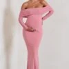 Pretty Perfect | Blush Pink Maternity Ruched Mesh Bardot Maxi Dress