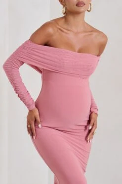 Pretty Perfect | Blush Pink Maternity Ruched Mesh Bardot Maxi Dress -ENY Clothing Shop WB HR CL126177 PrettyPerfectBlushPinkMaternityHalterAsymmetricMaxiDresswithCutOut4 509925b9 0913 4b90 9384 f7ba247eb6e5