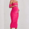 Plus One | Hot Pink Maternity Ruched Bardot Midi Dress -ENY Clothing Shop WB HR CL126180 PlusOneHotPinkRuchedBardotMidiDress2