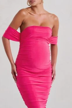 Plus One | Hot Pink Maternity Ruched Bardot Midi Dress -ENY Clothing Shop WB HR CL126180 PlusOneHotPinkRuchedBardotMidiDress5