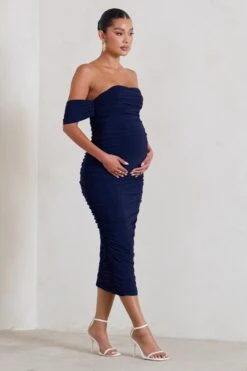 Plus One | Navy Maternity Ruched Bardot Midi Dress -ENY Clothing Shop WB HR CL126180 PlusOneNavyRuchedBardotMidiDress0
