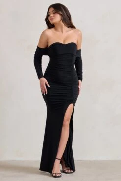 Midnight | Black Draped Long Sleeve Maxi Dress -ENY Clothing Shop WB HR CL126209 MidnightBlackDrapedLongSleeveMaxiDress1