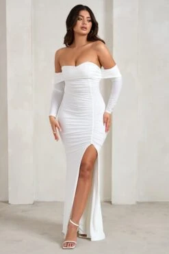 Midnight | White Draped Long Sleeve Maxi Dress -ENY Clothing Shop WB HR CL126209 MidnightWhiteDrapedLongSleeveMaxiDress2